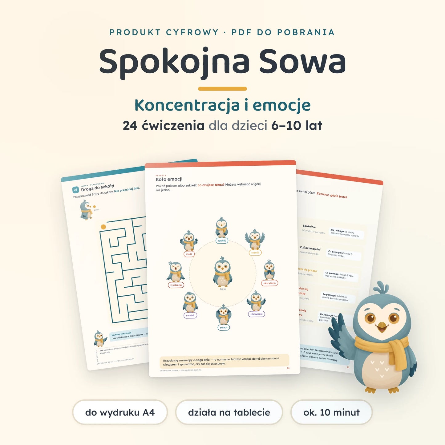 Spokojna Sowa — koncentracja i emocje, 24 ćwiczenia dla dzieci 6–10 lat; trzy strony z zadaniami rozłożone wachlarzem i machająca Sówka