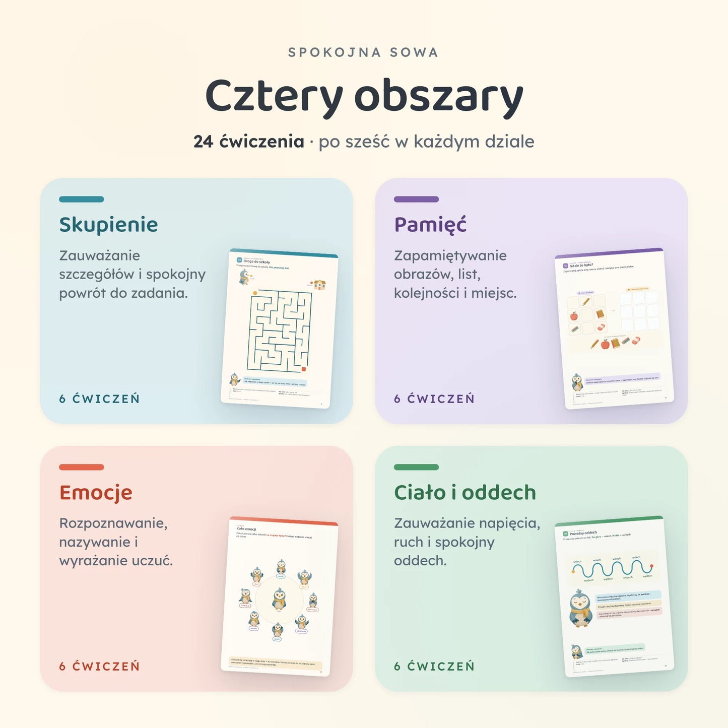 Cztery obszary, które dziecko ćwiczy, a przy każdym prawdziwa strona z zadaniem: uwaga, pamięć, emocje, ciało i oddech