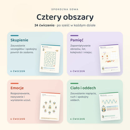 Cztery obszary, które dziecko ćwiczy, a przy każdym prawdziwa strona z zadaniem: uwaga, pamięć, emocje, ciało i oddech