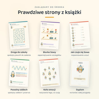 Sześć stron z wnętrza: Droga do szkoły, Biurko Sowy, Jak czuje się Sowa, Powolny oddech, Koło emocji i dyplom