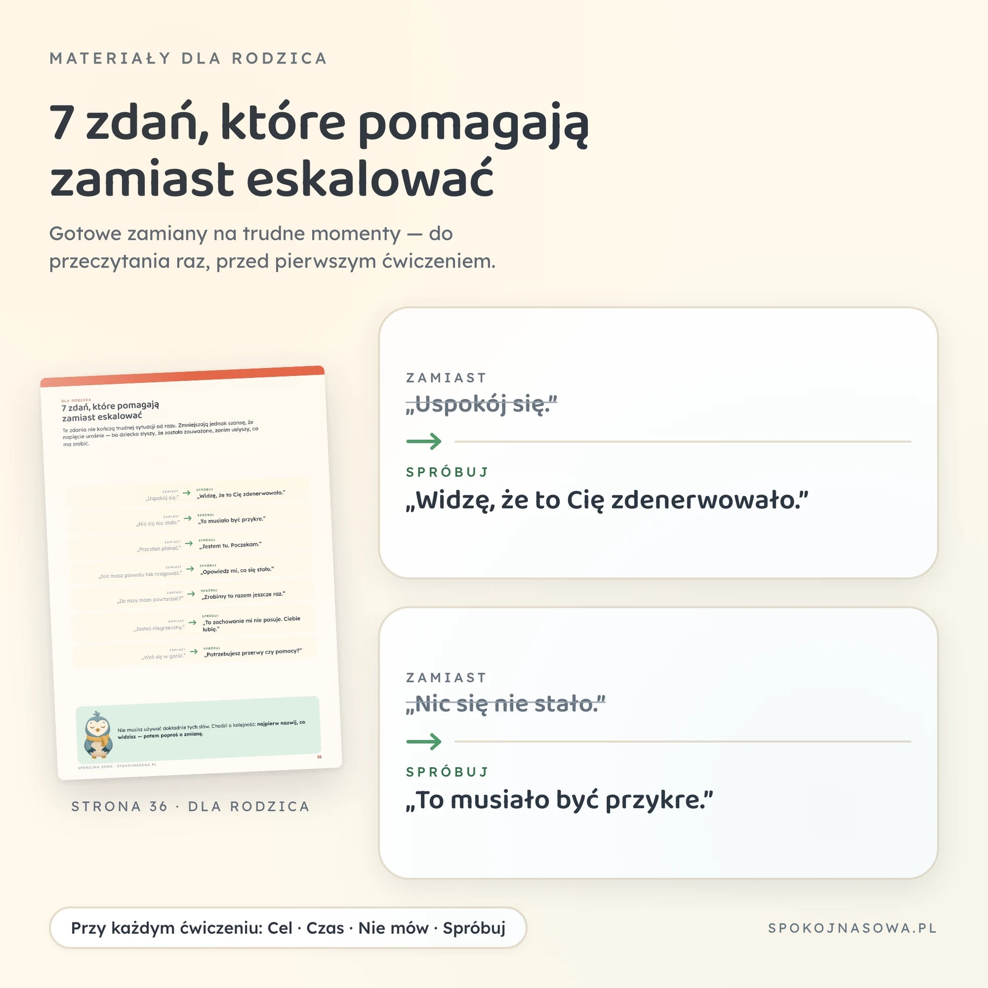 Strona 36 z parami zdań „zamiast" i „spróbuj", na przykład „Uspokój się" zamienione na „Widzę, że to Cię zdenerwowało"