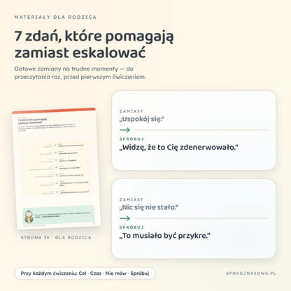Strona 36 z parami zdań „zamiast" i „spróbuj", na przykład „Uspokój się" zamienione na „Widzę, że to Cię zdenerwowało"