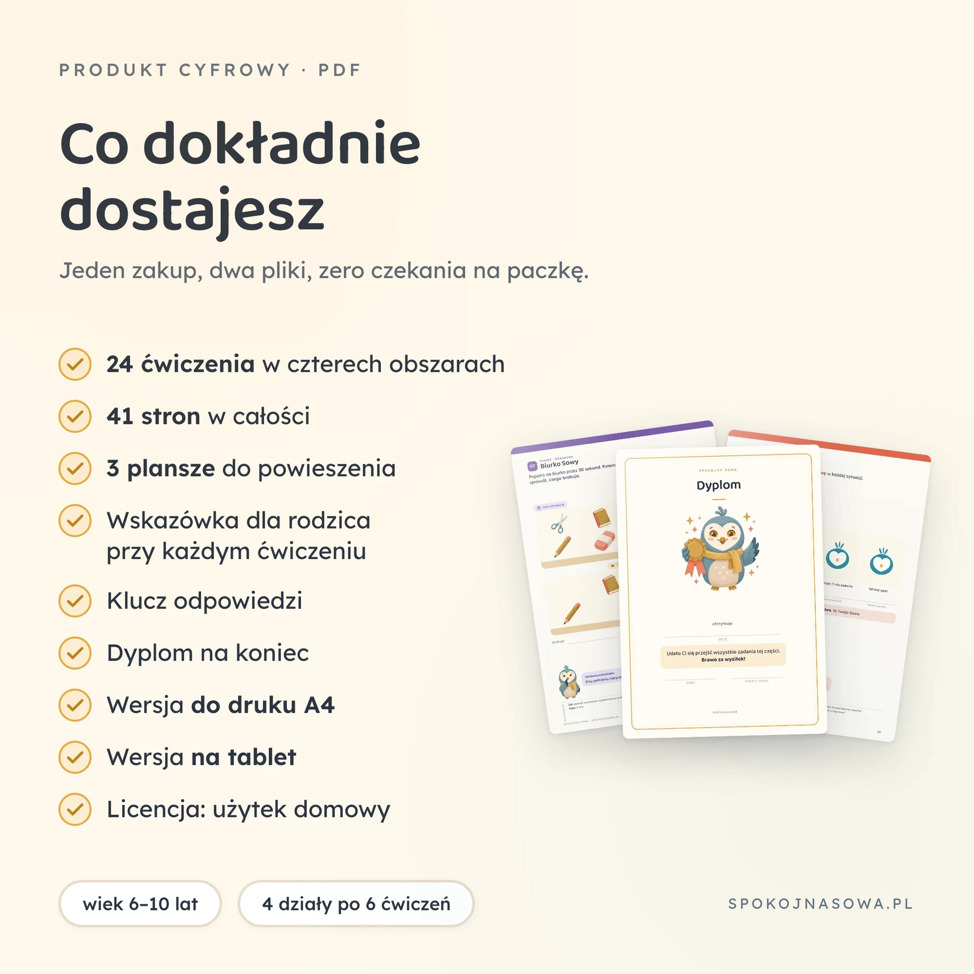 Zestawienie zawartości: 24 ćwiczenia, 41 stron, trzy plansze, klucz odpowiedzi, dyplom i dwie wersje pliku