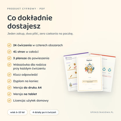 Zestawienie zawartości: 24 ćwiczenia, 41 stron, trzy plansze, klucz odpowiedzi, dyplom i dwie wersje pliku