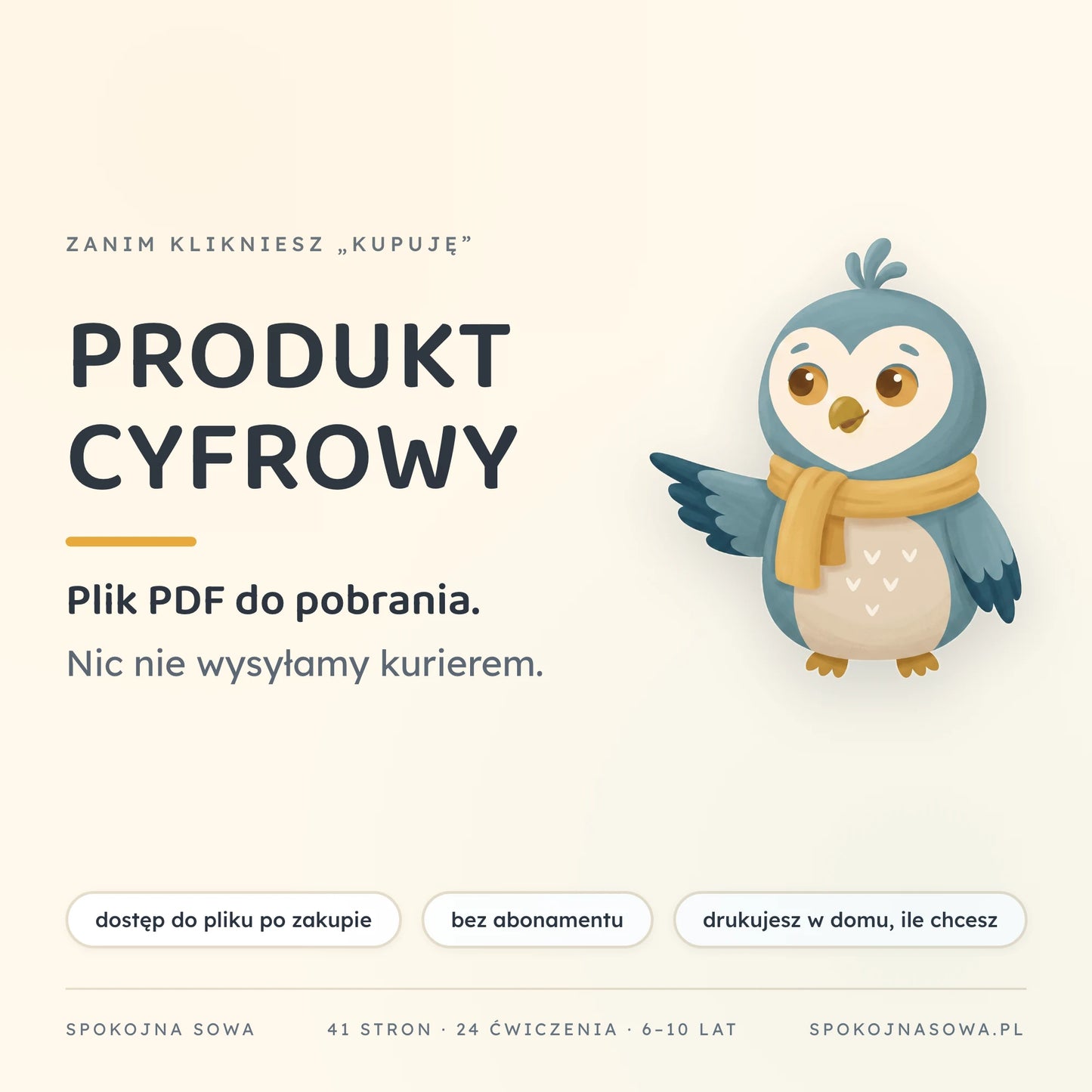 Spokojna Sowa jako produkt cyfrowy — plik PDF do pobrania, obok Sówka wskazująca skrzydłem