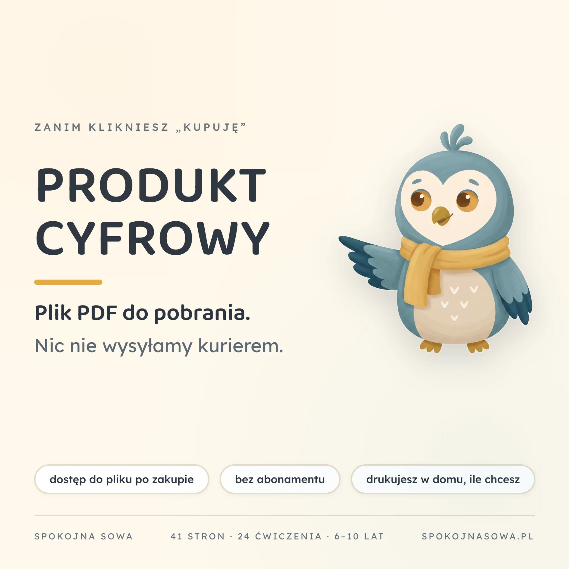 Spokojna Sowa jako produkt cyfrowy — plik PDF do pobrania, obok Sówka wskazująca skrzydłem