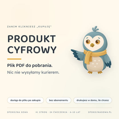 Spokojna Sowa jako produkt cyfrowy — plik PDF do pobrania, obok Sówka wskazująca skrzydłem
