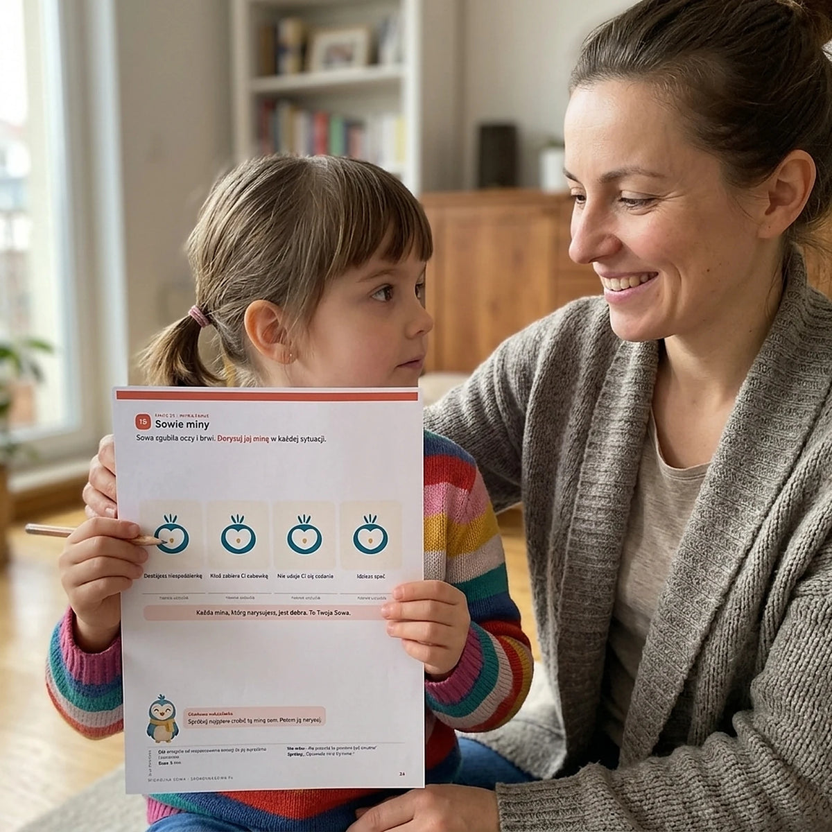 Córka trzyma wydrukowaną stronę „Sowie miny" ze Spokojnej Sowy, mama patrzy obok